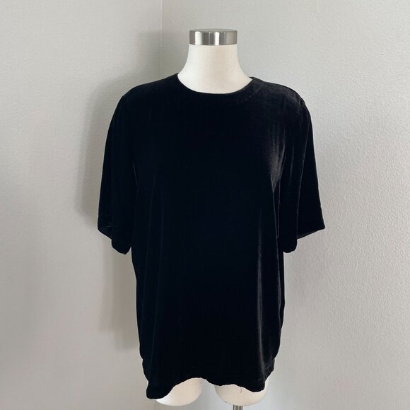 Eileen Fisher Womens Small Black Velvet Top Silk Blend Short Sleeve Shirt - Picture 1 of 9